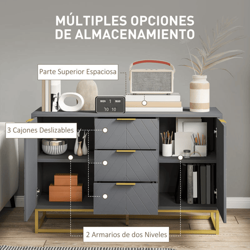 HOMCOM Aparador Auxiliar Armário de Armazenamento com 3 Gavetas e 2 Armários com Porta Prateleira Ajustável para Sala de Estar Cozinha 120x40x76 cm Cinza