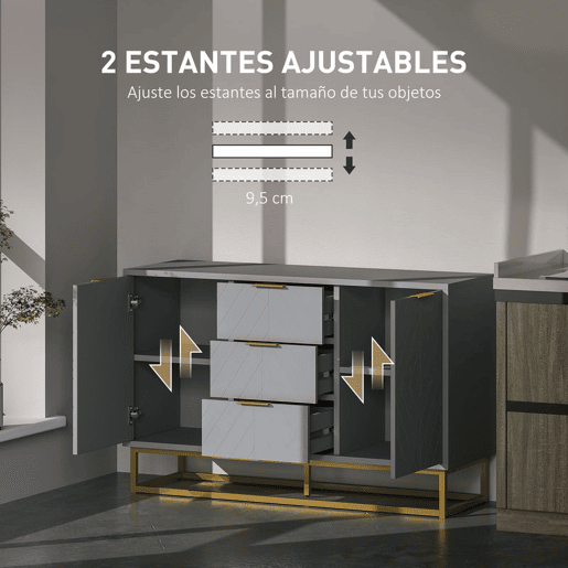 HOMCOM Aparador Auxiliar Armário de Armazenamento com 3 Gavetas e 2 Armários com Porta Prateleira Ajustável para Sala de Estar Cozinha 120x40x76 cm Cinza