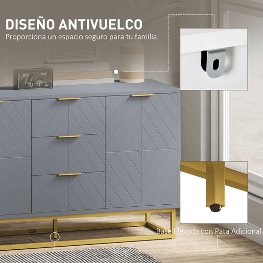 HOMCOM Aparador Auxiliar Armário de Armazenamento com 3 Gavetas e 2 Armários com Porta Prateleira Ajustável para Sala de Estar Cozinha 120x40x76 cm Cinza