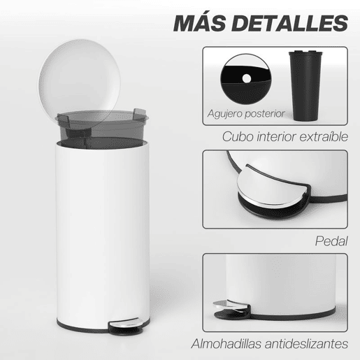 HOMCOM Balde de Lixo para Cozinha 30L Cubo de Lixo com Pedal Tampa com Fechamento Suave e Cubo Amovível para Escritório Estúdio Creme