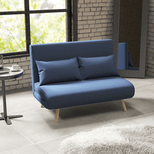 HOMCOM Sofá-Cama de 2 Lugares Dobrável 3 em 1, Sofá-Cama, Estofado em Tecido Tipo Linho, com Encosto Ajustável em 5 Posições, 2 Almofadas, para Quarto e Sala, Azul Escuro