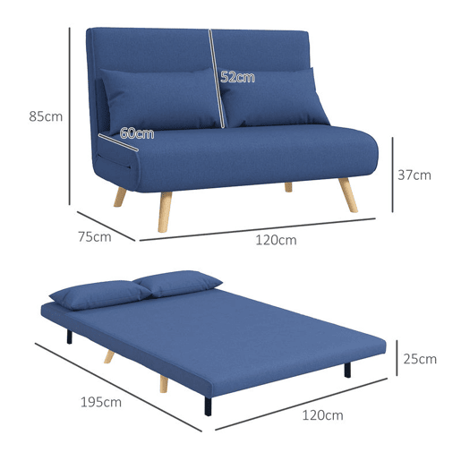 HOMCOM Sofá-Cama de 2 Lugares Dobrável 3 em 1, Sofá-Cama, Estofado em Tecido Tipo Linho, com Encosto Ajustável em 5 Posições, 2 Almofadas, para Quarto e Sala, Azul Escuro