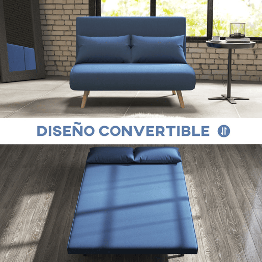 HOMCOM Sofá-Cama de 2 Lugares Dobrável 3 em 1, Sofá-Cama, Estofado em Tecido Tipo Linho, com Encosto Ajustável em 5 Posições, 2 Almofadas, para Quarto e Sala, Azul Escuro