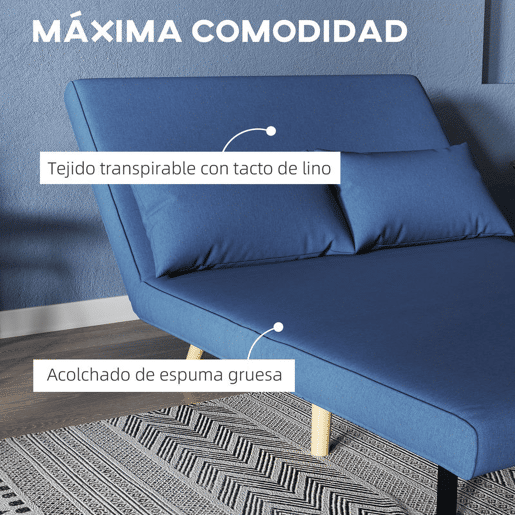 HOMCOM Sofá-Cama de 2 Lugares Dobrável 3 em 1, Sofá-Cama, Estofado em Tecido Tipo Linho, com Encosto Ajustável em 5 Posições, 2 Almofadas, para Quarto e Sala, Azul Escuro