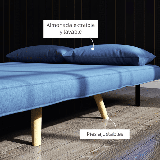 HOMCOM Sofá-Cama de 2 Lugares Dobrável 3 em 1, Sofá-Cama, Estofado em Tecido Tipo Linho, com Encosto Ajustável em 5 Posições, 2 Almofadas, para Quarto e Sala, Azul Escuro