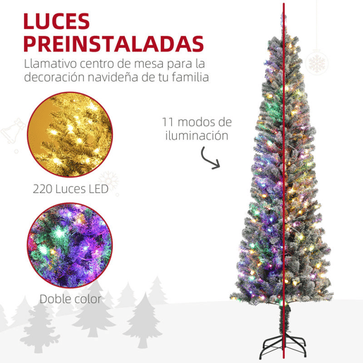 HOMCOM Árvore de Natal 225 cm Árvore de Natal Artificial com 220 Luzes LED de Duas Cores 519 Ramos e Suporte de Aço Árvore de Natal para Sala de Estar Interior Verde