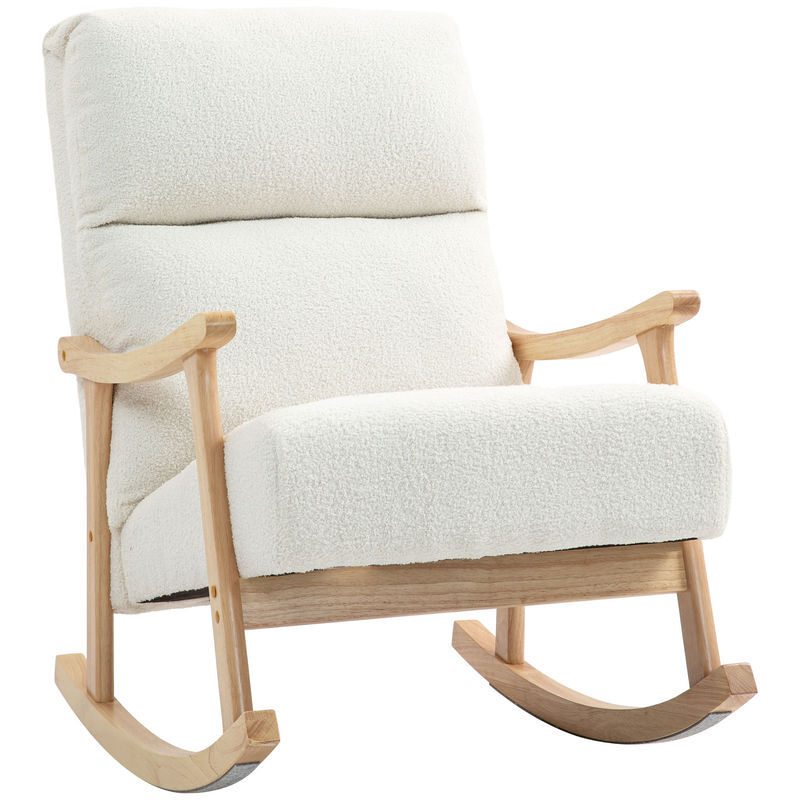 Homcom silla mecedora de borreguito moderna, mecedora con patas y reposabrazos de madera de caucho, respaldo alto, carga 120 kg, para dormitorio, salón, crema