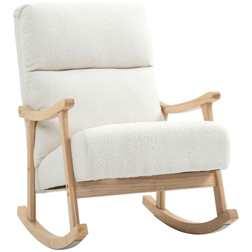 HOMCOM Cadeira de Balanço de Borreguito Moderna, Cadeira com Pernas e Apoios de Braço de Madeira de Borracha, Encosto Alto, Suporta 120 kg, para Quarto, Sala, Creme