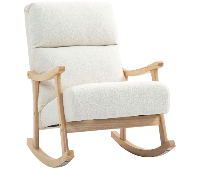 Homcom silla mecedora de borreguito moderna, mecedora con patas y reposabrazos de madera de caucho, respaldo alto, carga 120 kg, para dormitorio, salón, crema