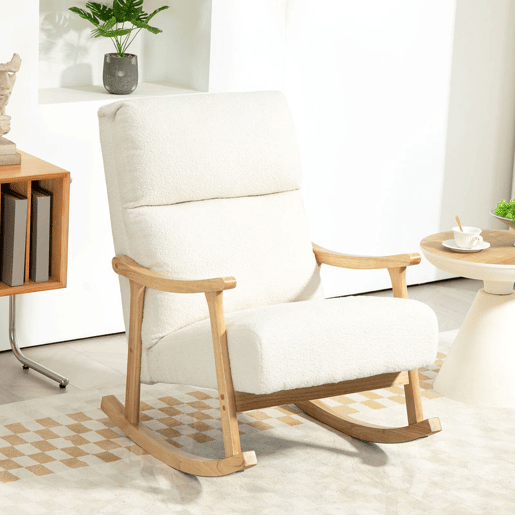 HOMCOM Cadeira de Balanço de Borreguito Moderna, Cadeira com Pernas e Apoios de Braço de Madeira de Borracha, Encosto Alto, Suporta 120 kg, para Quarto, Sala, Creme