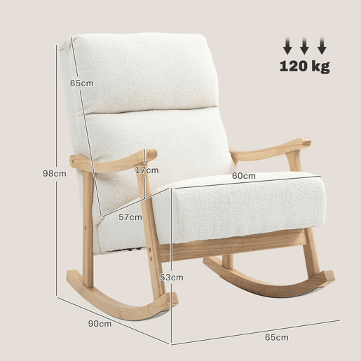 HOMCOM Cadeira de Balanço de Borreguito Moderna, Cadeira com Pernas e Apoios de Braço de Madeira de Borracha, Encosto Alto, Suporta 120 kg, para Quarto, Sala, Creme