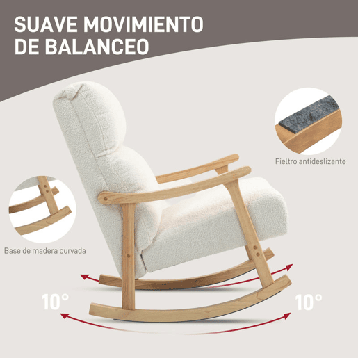 HOMCOM Cadeira de Balanço de Borreguito Moderna, Cadeira com Pernas e Apoios de Braço de Madeira de Borracha, Encosto Alto, Suporta 120 kg, para Quarto, Sala, Creme