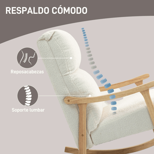 HOMCOM Cadeira de Balanço de Borreguito Moderna, Cadeira com Pernas e Apoios de Braço de Madeira de Borracha, Encosto Alto, Suporta 120 kg, para Quarto, Sala, Creme
