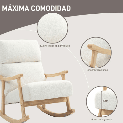 HOMCOM Cadeira de Balanço de Borreguito Moderna, Cadeira com Pernas e Apoios de Braço de Madeira de Borracha, Encosto Alto, Suporta 120 kg, para Quarto, Sala, Creme