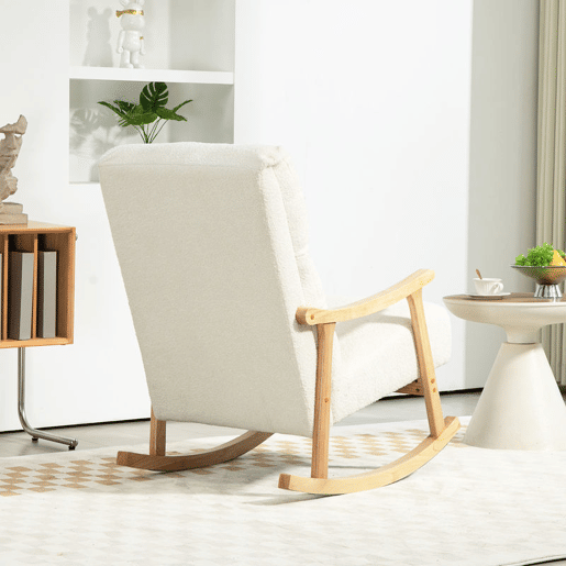 HOMCOM Cadeira de Balanço de Borreguito Moderna, Cadeira com Pernas e Apoios de Braço de Madeira de Borracha, Encosto Alto, Suporta 120 kg, para Quarto, Sala, Creme