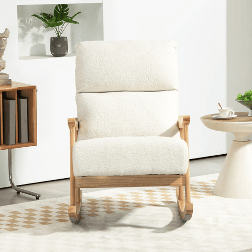 HOMCOM Cadeira de Balanço de Borreguito Moderna, Cadeira com Pernas e Apoios de Braço de Madeira de Borracha, Encosto Alto, Suporta 120 kg, para Quarto, Sala, Creme