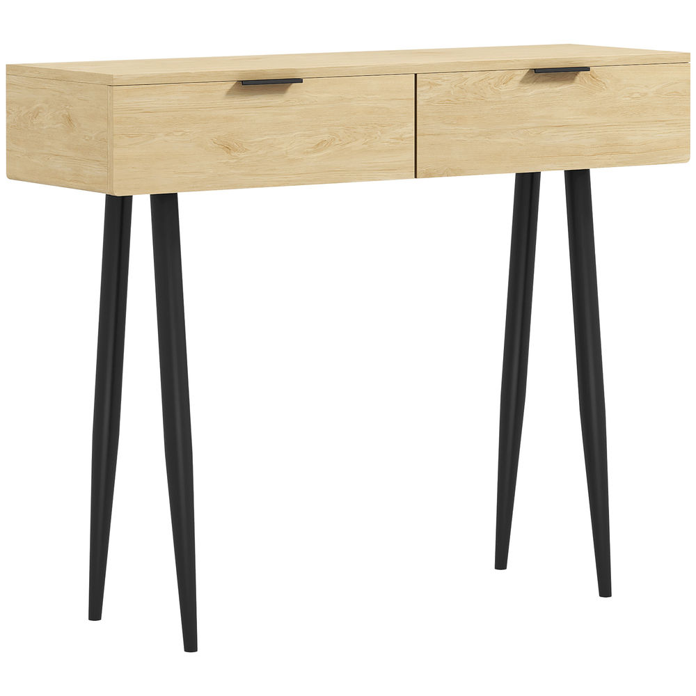 Homcom mesa consola mueble para recibidor con 2 cajones y patas de acero consola para recibidor entrada pasillo 100x30x80,5 cm roble