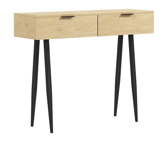 Homcom mesa consola mueble para recibidor con 2 cajones y patas de acero consola para recibidor entrada pasillo 100x30x80,5 cm roble