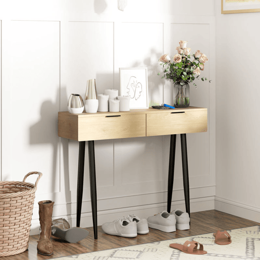 HOMCOM Mesa Consola Móvel para Entrada com 2 Gavetas e Pés de Aço Consola para Entrada Corredor 100x30x80,5 cm Carvalho