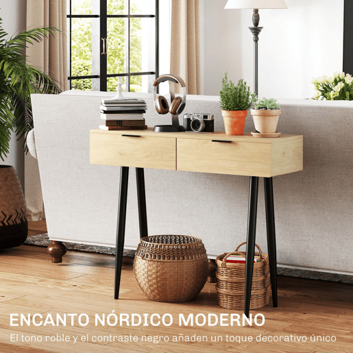 HOMCOM Mesa Consola Móvel para Entrada com 2 Gavetas e Pés de Aço Consola para Entrada Corredor 100x30x80,5 cm Carvalho