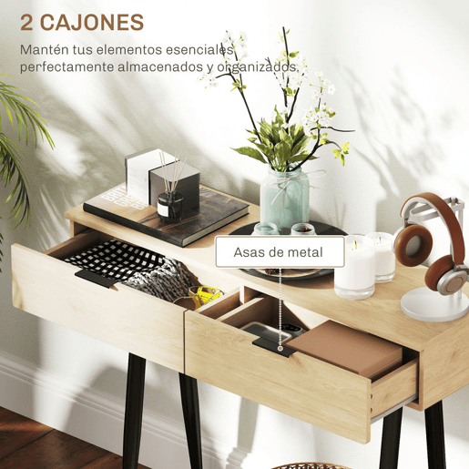 HOMCOM Mesa Consola Móvel para Entrada com 2 Gavetas e Pés de Aço Consola para Entrada Corredor 100x30x80,5 cm Carvalho