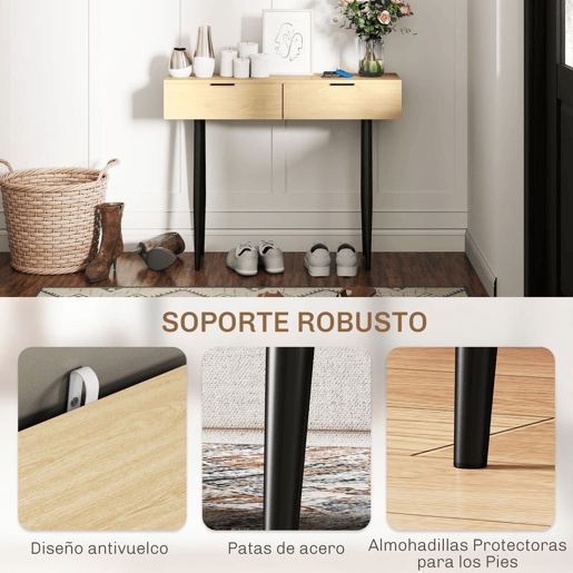 HOMCOM Mesa Consola Móvel para Entrada com 2 Gavetas e Pés de Aço Consola para Entrada Corredor 100x30x80,5 cm Carvalho
