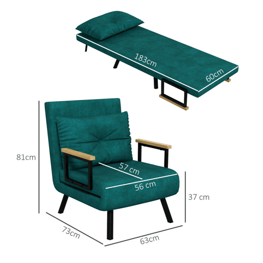 HOMCOM Poltrona Convertível em Cama Dobrável Poltrona Convertível em Cama com Encosto Ajustável em 5 Níveis e Almofada Acolchoada para Escritório Dormitório Sala de Estar Carga 120 kg 63x73x81 cm Verde