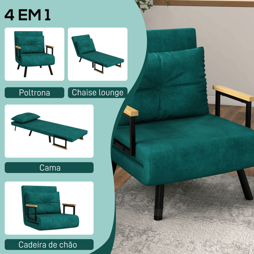 HOMCOM Poltrona Convertível em Cama Dobrável Poltrona Convertível em Cama com Encosto Ajustável em 5 Níveis e Almofada Acolchoada para Escritório Dormitório Sala de Estar Carga 120 kg 63x73x81 cm Verde
