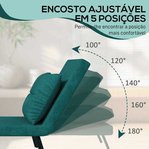 HOMCOM Poltrona Convertível em Cama Dobrável Poltrona Convertível em Cama com Encosto Ajustável em 5 Níveis e Almofada Acolchoada para Escritório Dormitório Sala de Estar Carga 120 kg 63x73x81 cm Verde