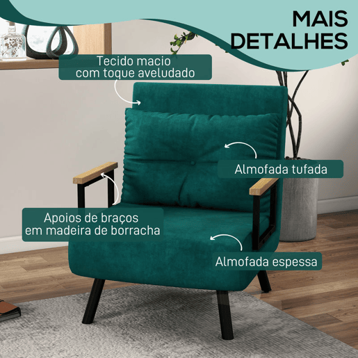 HOMCOM Poltrona Convertível em Cama Dobrável Poltrona Convertível em Cama com Encosto Ajustável em 5 Níveis e Almofada Acolchoada para Escritório Dormitório Sala de Estar Carga 120 kg 63x73x81 cm Verde
