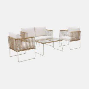 Conjunto de jardim com sofá em corda e aço galvanizado, 4 lugares, Cesena, Natural, 115x60x68 cm