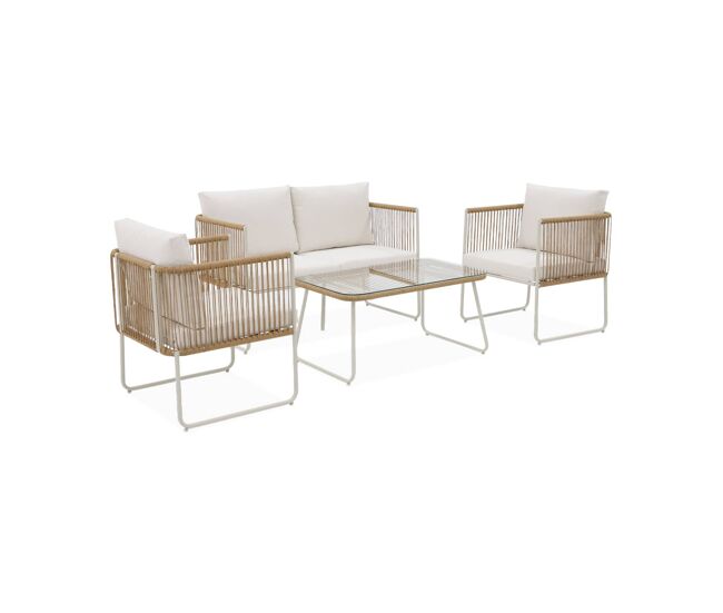 Conjunto de jardín, ratán y acero, 4 plazas natural - 115x60x68 cm