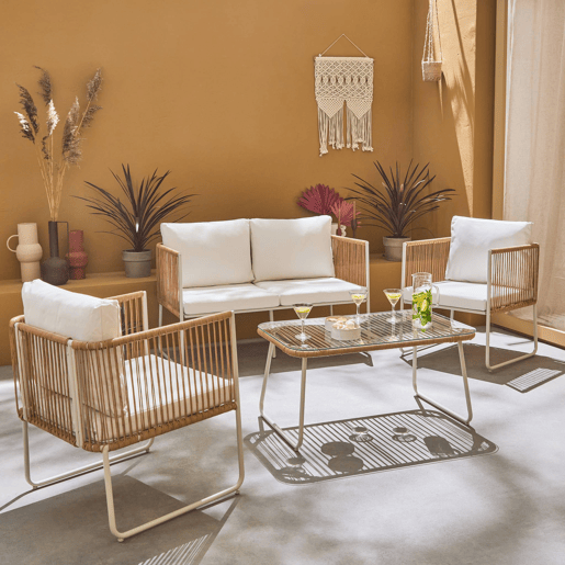 Conjunto de jardim com sofá em corda e aço galvanizado, 4 lugares, Cesena, Natural, 115x60x68 cm