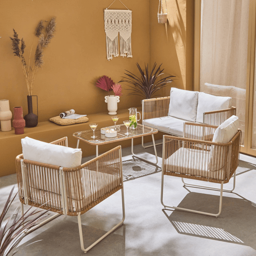 Conjunto de jardim com sofá em corda e aço galvanizado, 4 lugares, Cesena, Natural, 115x60x68 cm