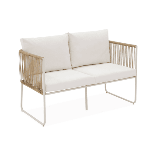 Conjunto de jardim com sofá em corda e aço galvanizado, 4 lugares, Cesena, Natural, 115x60x68 cm