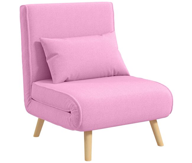 Homcom sofá cama individual plegable 3 en 1, sofá cama, con respaldo ajustable 5 posiciones, tapizado en lino, 1 almohada, para dormitorio, salón, rosa