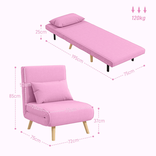 HOMCOM Sofá-Cama Individual Dobrável 3 em 1, Sofá-Cama, Estofado em Linho, com Encosto Ajustável em 5 Posições, 1 Almofada, para Quarto, Sala, Rosa