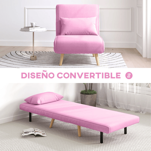 HOMCOM Sofá-Cama Individual Dobrável 3 em 1, Sofá-Cama, Estofado em Linho, com Encosto Ajustável em 5 Posições, 1 Almofada, para Quarto, Sala, Rosa