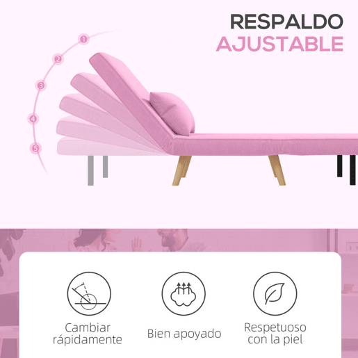 HOMCOM Sofá-Cama Individual Dobrável 3 em 1, Sofá-Cama, Estofado em Linho, com Encosto Ajustável em 5 Posições, 1 Almofada, para Quarto, Sala, Rosa
