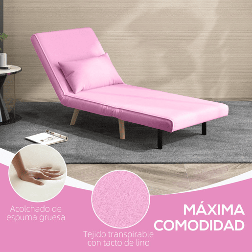 HOMCOM Sofá-Cama Individual Dobrável 3 em 1, Sofá-Cama, Estofado em Linho, com Encosto Ajustável em 5 Posições, 1 Almofada, para Quarto, Sala, Rosa