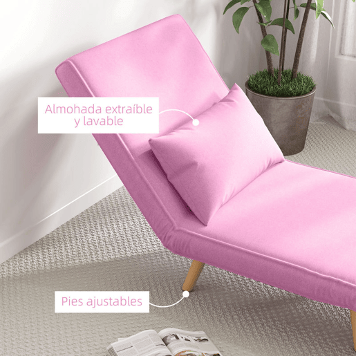 HOMCOM Sofá-Cama Individual Dobrável 3 em 1, Sofá-Cama, Estofado em Linho, com Encosto Ajustável em 5 Posições, 1 Almofada, para Quarto, Sala, Rosa