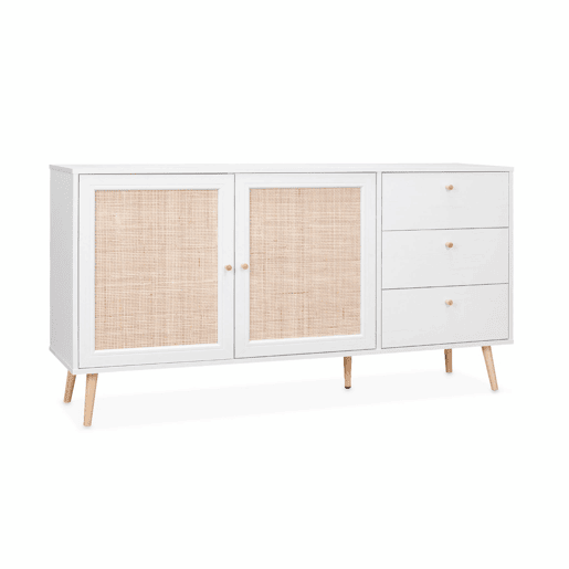 Aparador com efeito de madeira e cana de 2 portas, 150cm, Boheme, Branco sujo, 150x39x79 cm