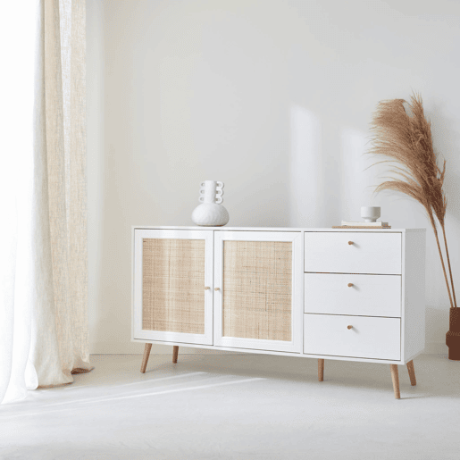 Aparador com efeito de madeira e cana de 2 portas, 150cm, Boheme, Branco sujo, 150x39x79 cm