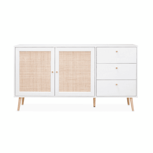 Aparador com efeito de madeira e cana de 2 portas, 150cm, Boheme, Branco sujo, 150x39x79 cm