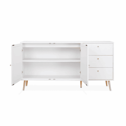 Aparador com efeito de madeira e cana de 2 portas, 150cm, Boheme, Branco sujo, 150x39x79 cm