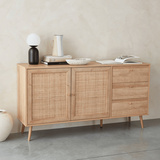 Aparador com efeito de madeira e cana de 2 portas, 150cm, Boheme, Natural, 150x39x79 cm