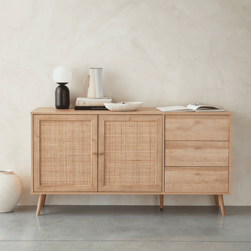 Aparador com efeito de madeira e cana de 2 portas, 150cm, Boheme, Natural, 150x39x79 cm