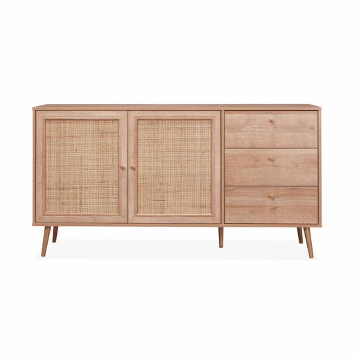 Aparador com efeito de madeira e cana de 2 portas, 150cm, Boheme, Natural, 150x39x79 cm