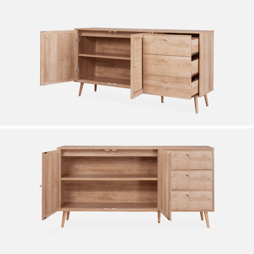 Aparador com efeito de madeira e cana de 2 portas, 150cm, Boheme, Natural, 150x39x79 cm