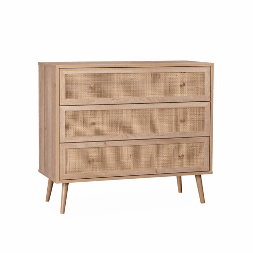 Cómoda com efeito madeira e cana de 3 gavetas, Boheme, Natural, 90x39x79 cm